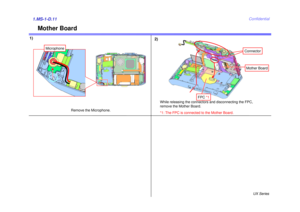 Page 14UX Series
Confidential
Mother Board
1)1.MS-1-D.11
2)
MicrophoneRemove the Microphone.
Mother Board
While releasing the connectors and disconnecting the FPC, 
remove the Mother Board. 
*1: The FPC is connected to the Mother Board.Connector
FPC  *1 