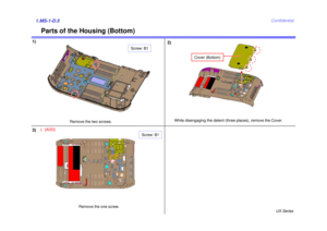 Page 6UX Series
Confidential
Parts of the Housing (Bottom)
1)1.MS-1-D.5
Remove the two screws.
Screw: B1
2)
While disengaging the detent (three places), remove the Cover.
Cover (Bottom)
3)
[ADD]
1
Screw: B1
Remove the one screw. 