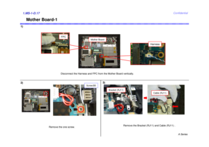 Page 17A Series
Confidential
Mother Board-1
1)1.MS-1-D.172)3)
Remove the one screw.Remove the Bracket (RJ11) and Cable (RJ11) .
Screw:B5
Harness
FPC
Mother Board
Bracket (RJ11)
Cable (RJ11)
Disconnect the Harness and FPC from the Mother Board vertically. 