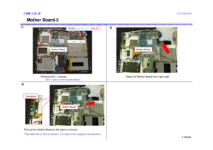 Page 18A Series
Confidential
Mother Board-2
1)
2)1.MS-1-D.18
Raise the Mother Board from right side. Remove the 11 screws.
Mother Board
Connector
3)
Mother Board
Screw:Light blue- B13,Red-B5
Mother Board
*B13---Use a 4 mm socket wrench.
Pull out the Mother Board to the right to remove.
*Pay attention to the connector. It is easy to be caught to somewhere. 