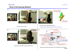 Page 20A Series
Confidential
Parts of the Housing (Bottom)
1)1.MS-1-D.203)
Remove the Lock (BATT) and the Latch (BATT) .
Screw:B5
Remove the two screws.
2)
Lever (Latch)
4)
Foot FrontHousing (Bottom)
Door(Dock)
Panel (Lens CTO)
Foot Front CenterRemove the part indicated by the arrow. 
* Disassembly the EMI Spring (BATT) and Lever (Latch) .
Remove the ten parts shown above from the bottom of the Housing.
Latch (BATT)
Lock (BATT)
EMI Spring (Batt)Foot Rear
Button (BATT)Button (BATT 3)Switch (W-
LAN) 