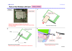 Page 12B Series
Confidential
Parts of the Wireless LAN CardRemark1)1.MS-1-D.122)
Remove the Ferrite Core (one place). 
* Pass the Cable one by one.
Connector
Ferrite Core
Filament Tape
Peel off the Filament Tape.
White Black
Disconnect the Coaxial Cables.
*Hold the connector, and pull out it directly above to disconnect it. Wireless LAN Card
3)
If you do not exchange the Wireless LAN Card or the 
[Wireless LAN]-related part, perform the work without disconnecting
the Coaxial Cables.
Coaxial Cable
Wireless LAN...