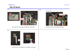 Page 16B Series
Confidential
ANL-55 Board
1)2)1.MS-1-D.16
Pull out the FFC (one place) in the direction of the arrow. Remove the screw, and then the ANL Board.
FFC
Mother Board
Screw: B2
ANL Board
FFC
3)
Pull out the FFC (one location) in the direction of the arrow. 