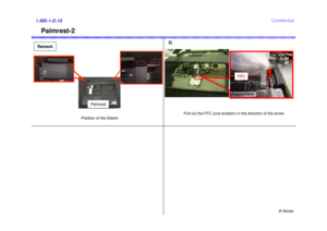 Page 10B Series
Confidential
1.MS-1-D.10
Pull out the FFC (one location) in the direction of the arrow.
Palmrest-2
FFC
Remark
Position of the Detent
Palmrest
5) 