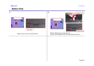 Page 2BX Series
Confidential
Battery Pack
1)1.MS-1-D.2
Slide the Release Lever to the right side,
and turn over the Battery Pack to the rear side then remove it.
Battery Pack
2)
Slide the Lock Lever to the UNLOCK side.
Lock Lever
Release Lever 