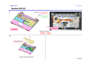 Page 15BX Series
Confidential
1)1.MS-1-D.14
Remove the Bracket (KB EX).
Bracket (KB EX)
Bracket (KB EX)
2)
Remove the screws.
*1st Model --- 8 places2nd Model --- 12 places
1st Model
2nd Model
4[MA]
Screw: 
Red: 1st Model - B8
2nd Model - B30
Blue-B3
Green: 1st Model - B2 2nd Model - B31 