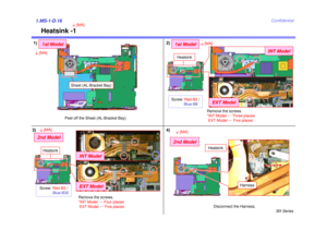 Page 17BX Series
Confidential
1.MS-1-D.16
2)
Remove the screws.
*INT Model --- Three placesEXT Model --- Five places
Heatsink
Screw:  Red-B3 /
Blue-B8
INT Model
EXT Model
3)
Sheet (AL-Bracket Bay)
Peel off the Sheet (AL-Bracket Bay).
Heatsink -1
1)
1st Model
4[MA]
Heatsink
Harness
Disconnect the Harness.
2nd Model4[MA]
4[MA]
1st Model
4[MA]
4)
4[MA]
Remove the screws.
*INT Model --- Four placesEXT Model --- Five placesHeatsinkScrew:  Red-B3 /
Blue-B30
INT ModelEXT Model
2nd Model 