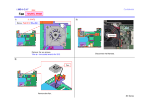Page 19BX Series
Confidential
Fan
1.MS-1-D.17
Remove the two screws.
*Use a 4 mm socket wrench for B15.
1)
Fan
Remove the Fan.
2)
Harness
Disconnect the Harness.
3)
Screw: Red-B15 / Blue-B24
[CHG]
31st (INT) Model
[MA] 