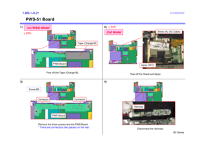 Page 24BX Series
Confidential
PWS-51 Board
1)1.MS-1-D.21
Disconnect the Harness.
2)
Remove the three screws and the PWS Board.
* There are connectors (two places) on the rear.
PWS Board
Harness
Connector
Connector
Screw:B3Peel off the Tape (Charger/B).
3)
PWS Board
Tape (Charger/B)
1st (WAN) Model
4[MA]
4)
Peel off the Sheet and Mylar.
2nd Model4[MA]
Sheet (AL-DC Cable)
Mylar (FFC) 