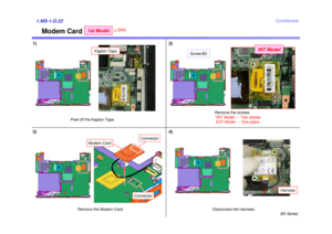 Page 25BX Series
Confidential
Modem Card
1.MS-1-D.22
Peel off the Kapton Tape.Remove the Modem Card.
1) 2)
3)
Harness
Disconnect the Harness.
4)
Kapton Tape
Remove the screws.
*INT Model --- Two placesEXT Model --- One place
Screw:B3
INT Model
Modem Card
Connector
Connector
1st Model
4[MA] 