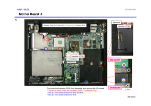 Page 28BX Series
Confidential
Mother Board -1
1)1.MS-1-D.25
Turn over the Insulator (PCB) from backside, and remove the 12 screws. 
* There is a screw under the Insulator (PCB).  (1st Model Only)
* Use a 4 mm socket wrench for B15 and B16.
* Use a 5 mm socket wrench for B18. 
Screw: Red-B15 / Blue-B3  /Green-B16  / Brown-B18
Insulator (PCB)
Insulator (PCB)
1st Model
4[MA]
2nd Model
Backside 