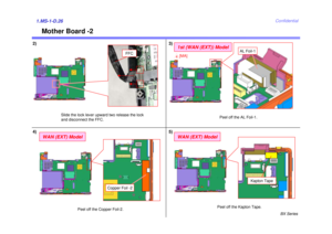 Page 29BX Series
Confidential
Mother Board -2
1.MS-1-D.26
3)
Slide the lock lever upward two release the lock 
and disconnect the FFC.
4) 2)
Peel off the AL Foil-1.
Copper Foil -2
WAN (EXT) Model
Peel off the Copper Foil-2.
Peel off the Kapton Tape.
Kapton Tape
5)
WAN (EXT) Model
FFC
AL Foil-1
1st (WAN (EXT)) Model4[MA] 