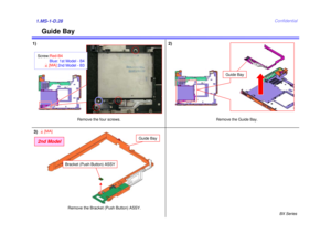 Page 32BX Series
Confidential
Guide Bay
1)1.MS-1-D.28
Remove the Guide Bay.
2)
Remove the four screws.
Guide Bay
Remove the Bracket (Push Button) ASSY.
4[MA]
Guide Bay
3)2nd ModelScrew:Red-B4
Blue: 1st Model - B4 2nd Model - B3
4[MA]
Bracket (Push Button) ASSY 