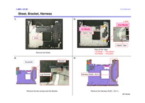 Page 34BX Series
Confidential
Sheet, Bracket, Harness
1.MS-1-D.29
Remove the Sheet.
1)
Remove the two screws and the Bracket.
2)
3)
Remove the Harness (RJ45 + RJ11).
4)
Harness (RJ45 + RJ11)
Sheet
Screw:B4
Lug Terminal
Bracket
Peel off the Tape. 
*1st Model --- Two places 2nd Model --- One place
Kapton Tape
1st Model
2nd Model
4[MA]
Kapton Tape 