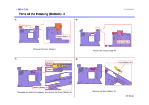 Page 40BX Series
Confidential
Parts of the Housing (Bottom) -2
1.MS-1-D.355)
Remove the Cover (Hinge-R).
6)
7) 8)
Hook (Battery-R)
Remove the Hook (Battery-R).
Disengage the detent (four places), and remove the Button (Battery-R).
Remove the Cover (Hinge-L).
Cover (Hinge-L)
Button (Battery-R)
DetentDetent
Cover (Hinge-R) 
