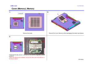 Page 5BX Series
Confidential
Cover (Memory), Memory
1)1.MS-1-D.5
Remove the screw.
Screw:B7Remove the Cover (Memory) while disengaging the detent (two places).
2)
3)
Outspread the tabs (arrow 1), and pull out the Memory diagonally upward 
(arrow 2).
*When two Memory are installed, remove the other side of the Memory in 
the way as above.
1 2
Memory
1 
