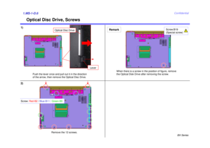 Page 6BX Series
Confidential
Optical Disc Drive, Screws
1.MS-1-D.6
Remove the 12 screws.
2)
Remark
Screw:B19
(Special screw)
1)
Push the lever once and pull out it in the direction 
of the arrow, then remove the Optical Disc Drive.
Lever
Optical Disc Drive
Screw: Red-B2 / Blue-B11 /  Green-B5 When there is a screw in the position of figure, remove 
the Optical Disk Drive after removing the screw. 