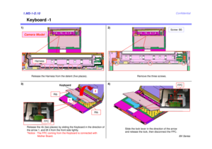 Page 10BX Series
Confidential
Keyboard -1
1)1.MS-1-D.10
Release the Harness from the detent (five places).
Remove the three screws.
Screw: B5
Release the rib (two places) by sliding the Keyboard in the direction of 
the arrow 1, and lift it from the front side lightly.
*Notice : The FPC coming from the Keyboard is connected with Mother Board.
3) 4) 2)
Camera Model
Harness
FPC
Keyboard
Rib
Rib
1
2
FPC
Slide the lock lever in the direction of the arrow 
and release the lock, then disconnect the FPC. 