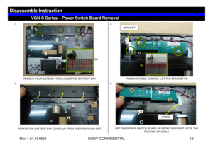 Page 12Rev 1.01.101806 SONY CONFIDENTIAL 12
VGC-LS1 Series – Battery Removal
ROTATE THE BATTERY BAY COVER UP FROM THE FRONT AND LIFT
LIFT THE POWER SWITCH BOARD UP FROM THE FRONT. NOTE THE 
ROUTING OF CABLE 
VGN-C Series – Power Switch Board Removal
Disassemble Instruction
1)
2)3)
4)
REMOVE FOUR SCREWS FROM UNDER THE BATTERY BAY
REMOVE THREE SCREWS. LIFT THE BRACKET UP
CABLE
BRACKET
B3
B4 