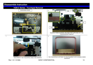 Page 14Rev 1.01.101806 SONY CONFIDENTIAL 14
VGC-LS1 Series – Battery Removal
1)
VGN-C Series - Touchpad Removal
Disassemble Instruction
3) 2)
OVERVIEW-FRONT
DISCONNECT THE TOUCHPAD CABLE AND REMOVEREMOVE THREE SCREWS. RELEASE THE CLIPS AND LIFT THE 
TOUCHPAD BUTTONS UP
THE TOUCHPAD IS AFFIXED TO THE PALMREST WITH DOUBLE-SIDED 
ADHESIVE
CLIP
CLIP
B3 