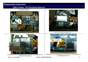 Page 17Rev 1.01.101806 SONY CONFIDENTIAL 17
1)2)
3)
VGN-C Series – PC Card Board Removal
Disassemble Instruction
OVERVIEW-FRONT
DISCONNECT THE TWO CONNECTORS ON THE PC CARD BOARD FPC. 
REMOVE TWO SCREWS.LIFT THE PC CARD STRAIGHT UP
DISCONNECT THE TWO CONNECTORS ON THE PC CARD BOARD FPC 
AND REMOVE THE FPC
PC CARD 
BOARD FPC
PC CARD 
BOARD FPC
B2 