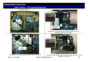 Page 18Rev 1.01.101806 SONY CONFIDENTIAL 18
VGC-LS1 Series – Battery Removal
1)2)
Disassemble Instruction
3)
VGN-C Series – LCD Assembly Removal
OVERVIEW-FRONT
DISCONNECT THE TWO CONNECTORS ON THE LCD HARNESS
REMOVE THREE SCREWS FROM THE RIGHT HINGE AND LIFT THE LCD 
ASSEMBLY STRAIGHT UP DISCONNECT THE MICROPHONE HARNESS. REMOVE THREE 
SCREWS FROM THE LEFT HINGE
MICROPHONE 
HARNESS
LCD 
HARNESS
B10
B10 