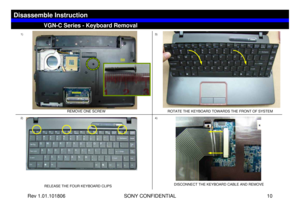 Page 10Rev 1.01.101806 SONY CONFIDENTIAL 10
VGC-LS1 Series – Battery RemovalRELEASE THE FOUR KEYBOARD CLIPSROTATE THE KEYBOARD TOWARDS THE FRONT OF SYSTEM
DISCONNECT THE KEYBOARD CABLE AND REMOVEVGN-C Series - Keyboard Removal
Disassemble Instruction
1)
2)3)
4)
REMOVE ONE SCREW
B8 