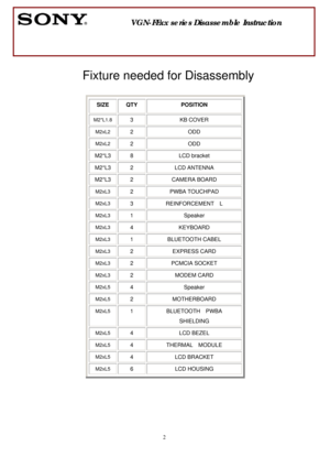 Page 2 
2
 
 
 
Fixture needed for Disassembly 
    
SIZE QTY  POSITION 
M2*L1.8 3 KB COVER 
M2xL2 2 ODD 
M2xL2 2 ODD 
M2*L3 8  LCD bracket 
M2*L3 2  LCD ANTENNA 
M2*L3 2  CAMERA BOARD 
M2xL3 2 PWBA TOUCHPAD 
M2xL3 3  REINFORCEMENT  L 
M2xL3 1 Speaker 
M2xL3 4 KEYBOARD 
M2xL3 1 BLUETOOTH CABEL 
M2xL3 2 EXPRESS CARD 
M2xL3 2 PCMCIA SOCKET 
M2xL3 2 MODEM CARD 
M2xL5 4 Speaker 
M2xL5 2 MOTHERBOARD 
M2xL5 1  BLUETOOTH  PWBA  
SHIELDING 
M2xL5 4 LCD BEZEL 
M2xL5 4  THERMAL  MODULE 
M2xL5 4 LCD BRACKET 
M2xL5 6 LCD...