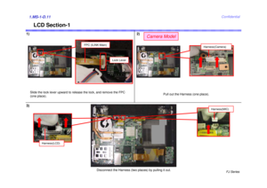 Page 12FJ Series
Confidential
LCD Section-1
1.MS-1-D.11
Disconnect the Harness (two places) by pulling it out.
3)1)
Slide the lock lever upward to release the lock, and remove the FPC 
(one place).
FPC (ILINK-Main)
Lock Lever
Harness(Camera)
Pull out the Harness (one place).
2)
Camera Model
Harness(LCD)
Harness(MIC) 
