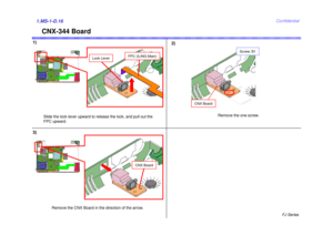 Page 17FJ Series
Confidential
CNX-344 Board
1)2)1.MS-1-D.16
Slide the lock lever upward to release the lock, and pull out the 
FPC upward. Remove the one screw.
CNX Board
Screw: B1
FPC (ILING-Main)
Lock Lever
3)
CNX Board
Remove the CNX Board in the direction of the arrow. 