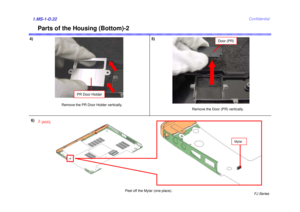 Page 23FJ Series
Confidential
Parts of the Housing (Bottom)-2
6)1.MS-1-D.22
2[ADD]
Peel off the Mylar (one place).
Mylar 
4) 5)
Remove the PR Door Holder vertically.
PR Door Holder
Door (PR)
Remove the Door (PR) vertically. 