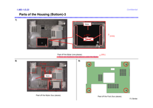 Page 24FJ Series
Confidential
Parts of the Housing (Bottom)-3
1.MS-1-D.23
Peel off the Mylar (four places).
8) 9)
Peel off the Foot (four places).
7)
Peel off the Mylar (one places). 
* There are Cushions (two places) under the Mylar.
Mylar Cushion 
2[CHG]
2[DEL]
2[DEL]
2
[ADD]
Mylar  
5 [ADD] 