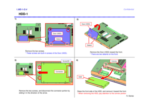 Page 4FJ Series
Confidential
HDD-1
1)2)1.MS-1-D.4
Remove the two screws. 
* These screws are built-in screws of the Door (HDD).
Raise the front side of the HDD, and remove it toward the front.
* When removing the HDD, pay attention to the convex portion.Remove the Door (HDD) toward the front. 
* There are two detents on the front.
3)
Remove the two screws, and disconnect the connector portion by 
sliding it in the direction of the arrow.
4)
Door (HDD)
Detent
Connector
HDD
Convex
Door (HDD)
Detent
Screw:B3 