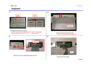 Page 8FJ Series
Confidential
Keyboard
1.MS-1-D.73) 4)
Disengage the detent (four places). 
* Push the detent lightly downward, and the detent is disengaged. 
* There are detents around the F1, F5, F11, and Insert key. Raise the Keyboard toward the front. 
* The FPC is connected to the Keyboard.
Remove the FPC upward.
1)
Keyboard
Slide the lock lever upward and release the lock.
2)
FPC
Lock Lever
Detent
Detent 