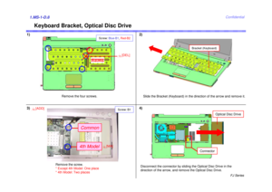 Page 9FJ Series
Confidential
Keyboard Bracket, Optical Disc Drive
1)1.MS-1-D.8
Remove the four screws.
2)
Slide the Bracket (Keyboard) in the direction of the arrow and remove it.
3)
Disconnect the connector by sliding the Optical Disc Drive in the 
direction of the arrow, and remove the Optical Disc Drive.
Optical Disc Drive
Bracket (Keyboard)
Connector
[DEL]
10
[CHG]4
Screw: Blue-B1 , Red-B2
4)
Screw: B1
Remove the screw.
* Except 4th Model: One place
* 4th Model: Two places
[ADD]
10
4th ModelCommon
[MA]
10 