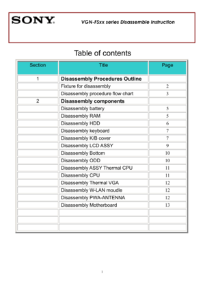 Page 11
Table of contents 
SectionTitle Page
1Disassembly Procedures Outline 
  Fixture for disassembly 2
  Disassembly procedure flow chart 3
2Disassembly components 
 Disassembly battery 5
 Disassembly RAM 5
 Disassembly HDD 6
 Disassembly keyboard 7
  Disassembly K/B cover 7
 Disassembly LCD ASSY 9
 Disassembly Bottom 10
 Disassembly ODD 10
 Disassembly ASSY Thermal CPU 11 
 Disassembly CPU 11 
 Disassembly Thermal VGA 12
  Disassembly W-LAN moudle 12
 Disassembly PWA-ANTENNA 12
 Disassembly Motherboard 13...
