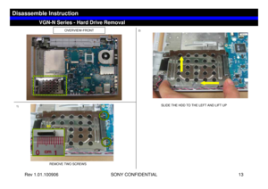 Page 13Rev 1.01.100906 SONY CONFIDENTIAL 13
VGC-LS1 Series – Battery Removal
OVERVIEW-FRONT
1)
REMOVE TWO SCREWS
2)
SLIDE THE HDD TO THE LEFT AND LIFT UP
VGN-N Series - Hard Drive Removal
Disassemble Instruction
B9 