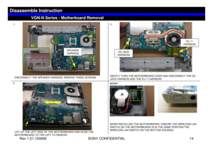 Page 14Rev 1.01.100906 SONY CONFIDENTIAL 14
VGC-LS1 Series – Battery Removal
1)
2)3)
NOTICEDISCONNECT THE SPEAKER HARNESS. REMOVE THREE SCREWS
SPEAKER 
HARNESS
LIFT UP THE LEFT SIDE OF THE MOTHERBOARD AND SLIDE THE 
MOTHERBOARD TO THE LEFT TO REMOVE
GENTLY TURN THE MOTHERBOARD OVER AND DISCONNECT THE DC 
JACK HARNESS AND THE RJ-11 HARNESSWHEN INSTALLING THE MOTHERBAORD. ENSURE THE WIRELESS LAN 
SWITCH ON THE MOTHERBOARD IS IN THE SAME POSITION THE 
WIRELESS LAN SWITCH ON THE BOTTOM HOUSING
DC JACK 
HARNESS...