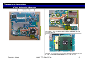 Page 15Rev 1.01.100906 SONY CONFIDENTIAL 15
VGC-LS1 Series – Battery Removal
OVERVIEW-BACK
1)
FAN CABLE
DISCONNECT THE CPU FAN. REMOVE FOUR SCREWS AND LIFT THE 
COOLING UNIT UPRELEASE THE CPU LOCK BY ROTATING THE LOCK CLOCKWISE WITH A 
FLAT-BLADE SCREWDRIVER. CAREFULLY LIFT THE CPU UP2)
VGN-N Series - CPU Removal
Disassemble Instruction
B4 