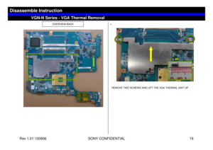 Page 16Rev 1.01.100906 SONY CONFIDENTIAL 16
VGC-LS1 Series – Battery Removal
OVERVIEW-BACK
1)REMOVE TWO SCREWS AND LIFT THE VGA THERMAL UNIT UP
VGN-N Series - VGA Thermal Removal
Disassemble Instruction
B4 