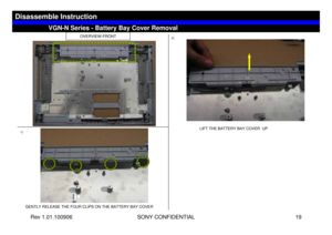 Page 19Rev 1.01.100906 SONY CONFIDENTIAL 19
VGC-LS1 Series – Battery Removal
1)2)
OVERVIEW-FRONT
GENTLY RELEASE THE FOUR CLIPS ON THE BATTERY BAY COVER
LIFT THE BATTERY BAY COVER  UP
VGN-N Series - Battery Bay Cover Removal
Disassemble Instruction 