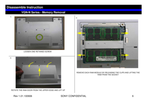 Page 6Rev 1.01.100906 SONY CONFIDENTIAL 6
VGC-LS1 Series – Battery Removal
1)
LOOSEN ONE RETAINED SCREW
2)3)ROTATE THE RAM DOOR FROM THE UPPER EDGE AND LIFT UP
REMOVE EACH RAM MODULE BY RELEASING THE CLIPS AND LIFTING THE 
RAM FROM THE SOCKET
VGN-N Series - Memory Removal
Disassemble Instruction 