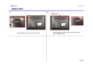 Page 2S Series
Confidential
Battery Pack
1)2)1.MS-1-D.2
Slide the Battery Lock (L) to the UNLOCK side.
With the Battery Lock (R) moved on the UNLOCK side, 
remove the Battery Pack.
Battery Pack 