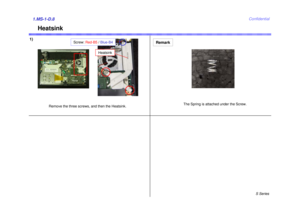 Page 8S Series
Confidential
Heatsink
1)1.MS-1-D.8
Remove the three screws, and then the Heatsink.The Spring is attached under the Screw.
Remark
Screw: 
Red-B5 / Blue-B4
Heatsink 