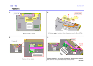 Page 4SZ Series
Confidential
Heatsink
1)1.MS-1-D.3
2)
3)
Remove the four screws.
While disengaging the detent (three places), remove the Cover (CPU).
Cover (CPU)
Remove the two screws.
Screw:B2
A
4)Raise the Heatsink in the direction of the arrow1, and remove the Heatsink 
while removing the A portion diagonally upward (arrow2).
1
2
Screw:B2
Heatsink 