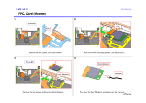 Page 34SZ Series
Confidential
FPC, Card (Modem)
1.MS-1-D.31
Remove the two screws, and then the FPC. Pull out the FPC vertically upward,  and disconnect it.
1) 2)
3)
Remove the two screws, and then the Card (Modem).
FPC
FPC
Card (Modem)
4)
Turn over the Card (Modem), and disconnect the Harness.
Harness
Card (Modem)
Screw:B8
Screw:B5 
