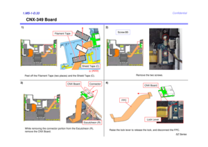 Page 36SZ Series
Confidential
CNX-349 Board
1.MS-1-D.33
Remove the two screws.
While removing the connector portion from the Escutcheon (R), 
remove the CNX Board.
CNX Board
Connector
Escutcheon (R)
2)
3)
Raise the lock lever to release the lock, and disconnect the FPC.
4)
Lock Lever
FPC
CNX Board
Screw:B5
1)
Peel off the Filament Tape (two places) and the Shield Tape (C).
Filament Tape
Shield Tape (C)
9
[ADD] 