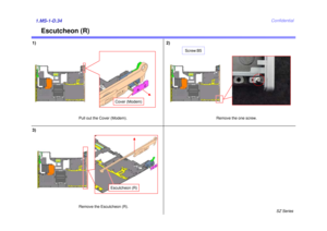 Page 37SZ Series
Confidential
Escutcheon (R)
1.MS-1-D.341)
Cover (Modem)
Pull out the Cover (Modem).
Remove the one screw.
2)
Remove the Escutcheon (R).
3)
Escutcheon (R)
Screw:B5 