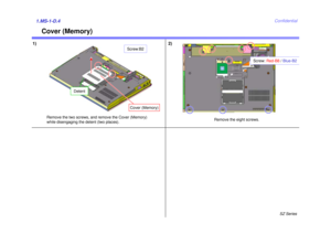 Page 5SZ Series
Confidential
Cover (Memory)
1)1.MS-1-D.4
Remove the two screws, and remove the Cover (Memory) 
while disengaging the detent (two places).
Screw:B2
Remove the eight screws.
Screw: Red-B8 / Blue-B2
2)
Cover (Memory)
Detent 