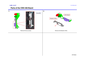 Page 41SZ Series
Confidential
Parts of the CNX-348 Board
1.MS-1-D.371) 2)
Remove the two screws. Remove the Bracket (VGA).
Screw:B6
CNX Board
Bracket (VGA) 